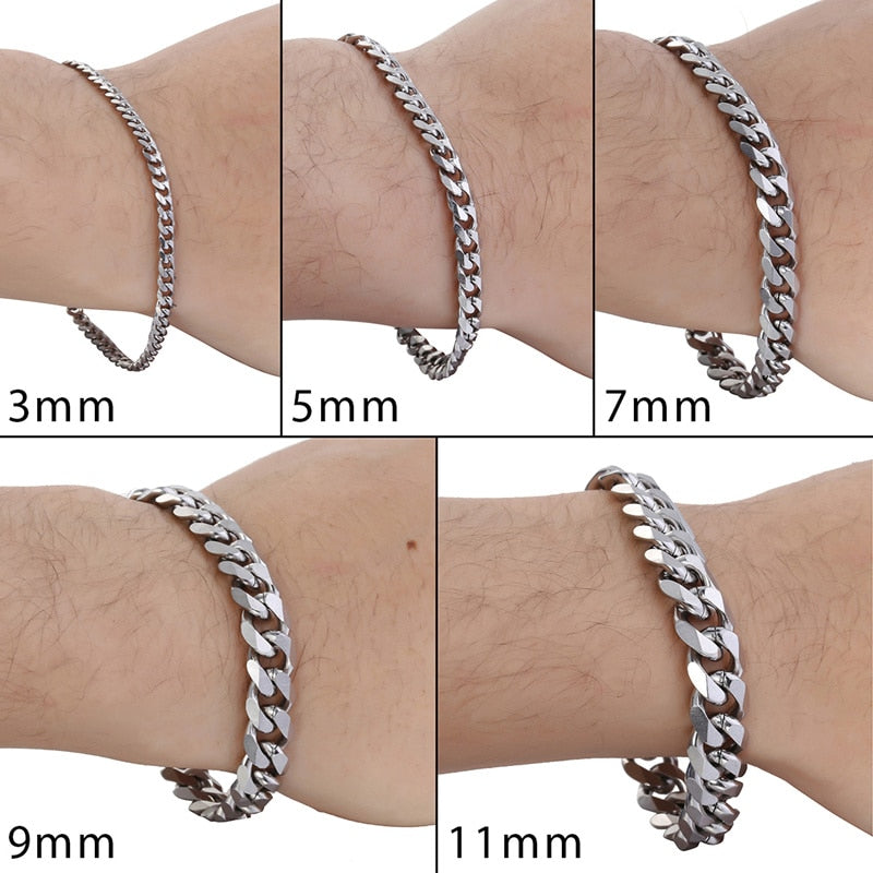 Trendy 3-11mm wide Stainless Steel bracelets 7-11 in in length, Black, Silver or Gold