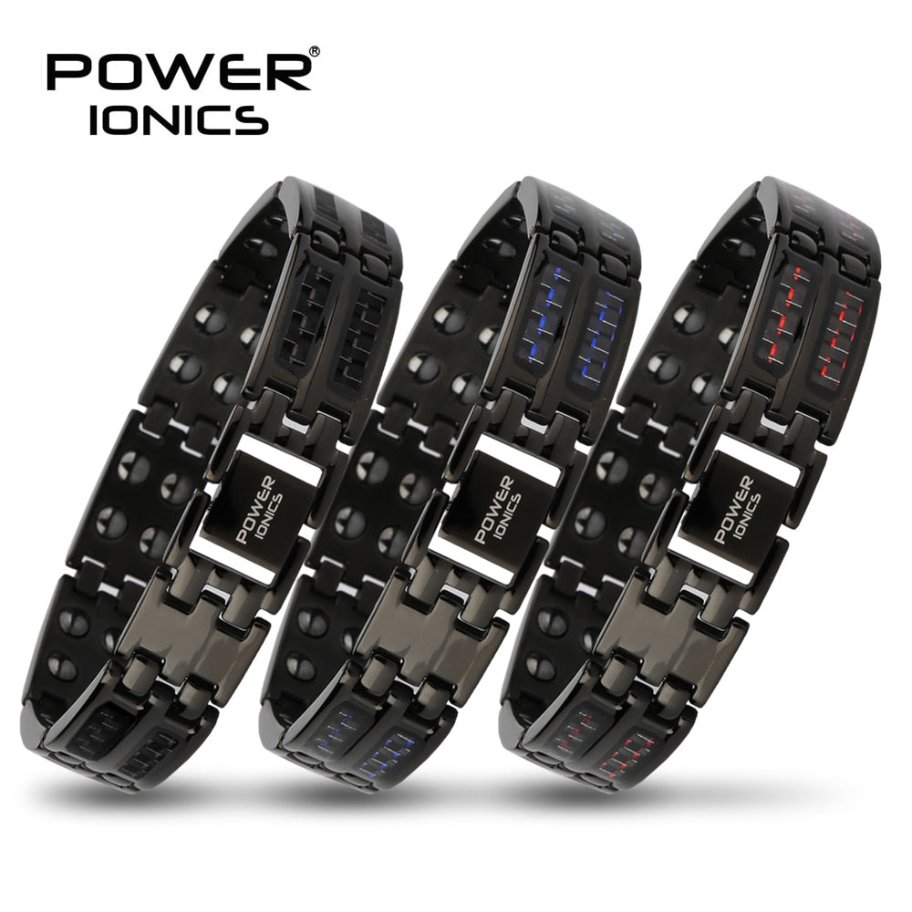 Power Ionics Mens black/blue/red carbon fiber 100% Pure Titanium Magnetic Therapy Bracelet