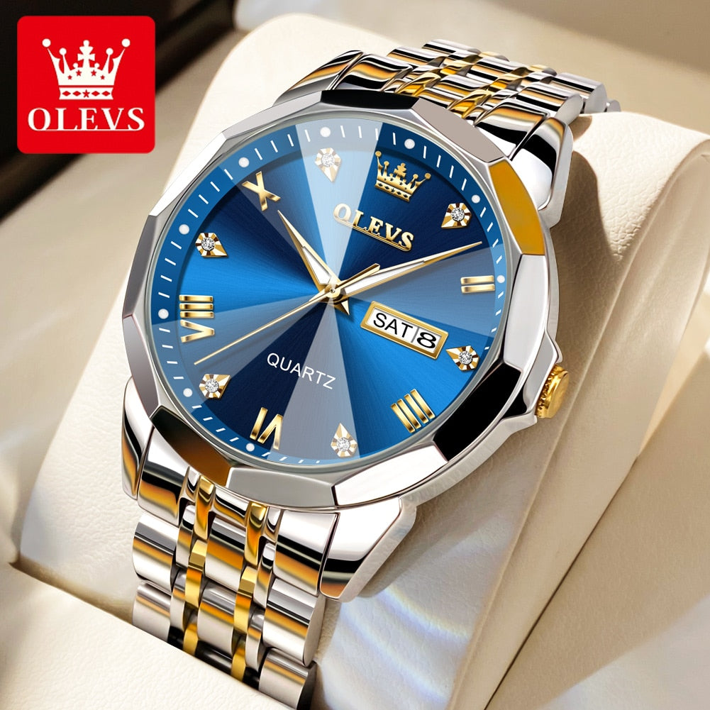 OLEVS Watch -  Rhombus Mirror Original Quart watch -  Waterproof Luminous Stainless Steel  Date Week