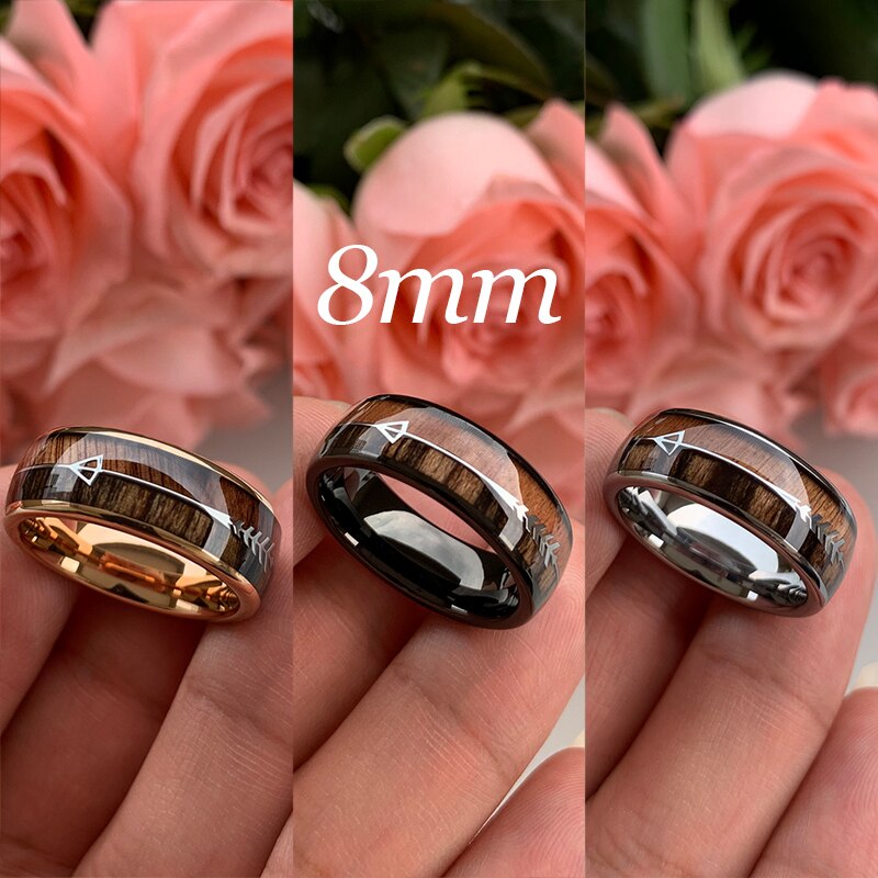 Classy 6/8mm Tungsten Carbide Ring Natural Koa Wood Arrow Inlay