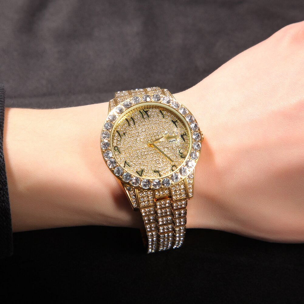 THE HIP HOP Big Dial Full Iced Out Arabic Numerals Watch Stainless Steel Rhinestones Quartz