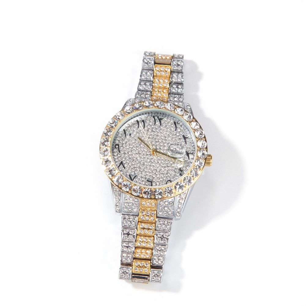 THE HIP HOP Big Dial Full Iced Out Arabic Numerals Watch Stainless Steel Rhinestones Quartz