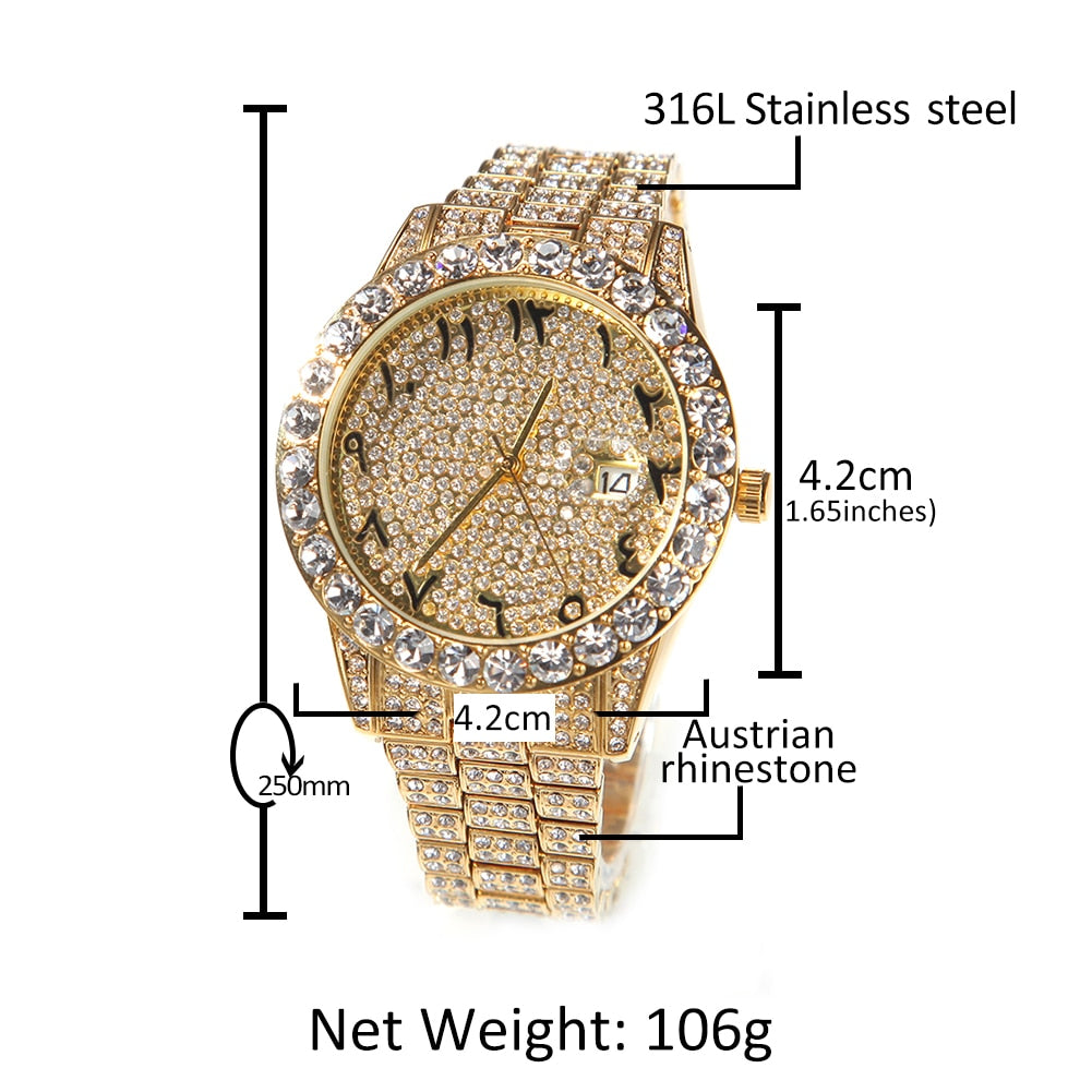 THE HIP HOP Big Dial Full Iced Out Arabic Numerals Watch Stainless Steel Rhinestones Quartz