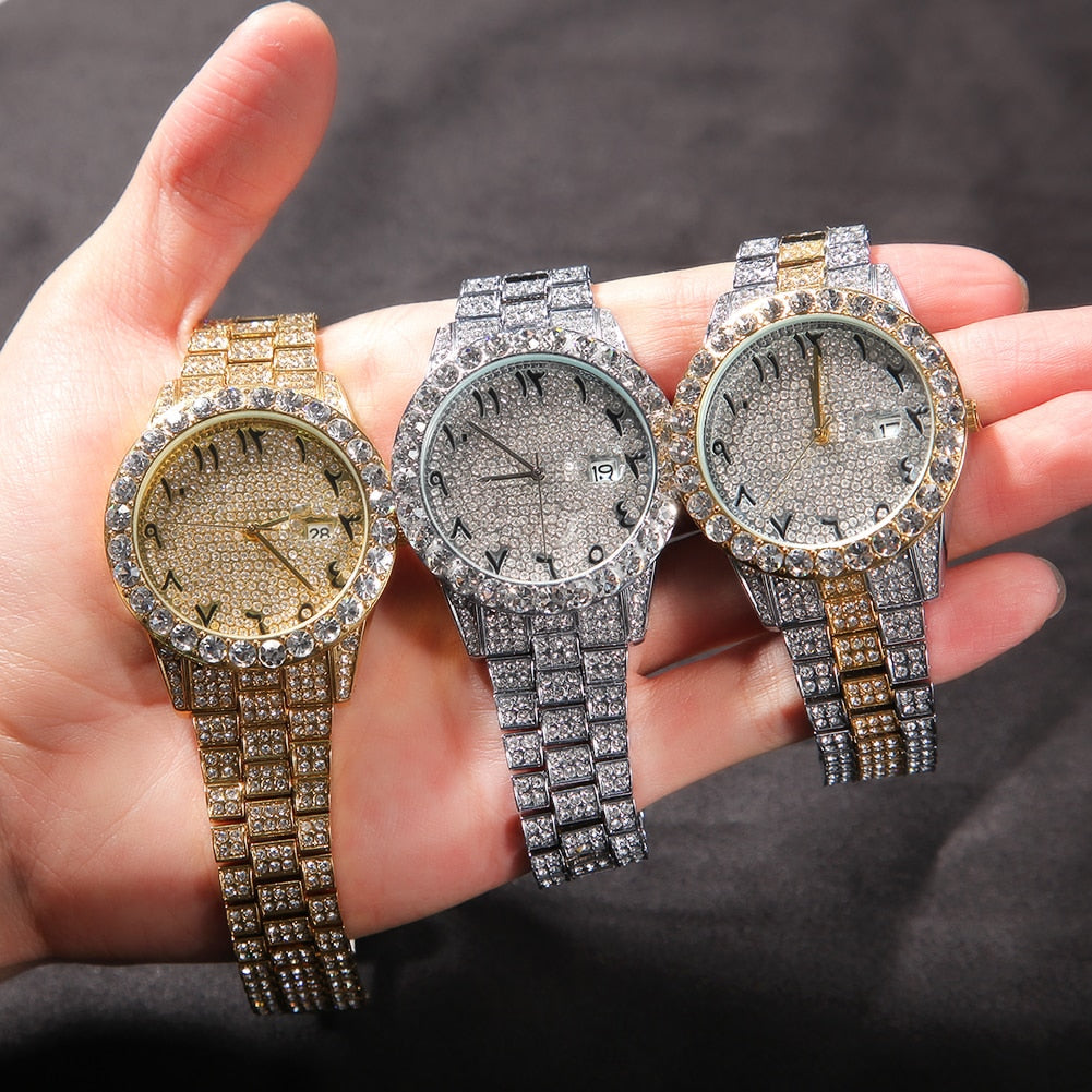 THE HIP HOP Big Dial Full Iced Out Arabic Numerals Watch Stainless Steel Rhinestones Quartz