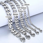 Trendy 3-11mm wide Stainless Steel bracelets 7-11 in in length, Black, Silver or Gold