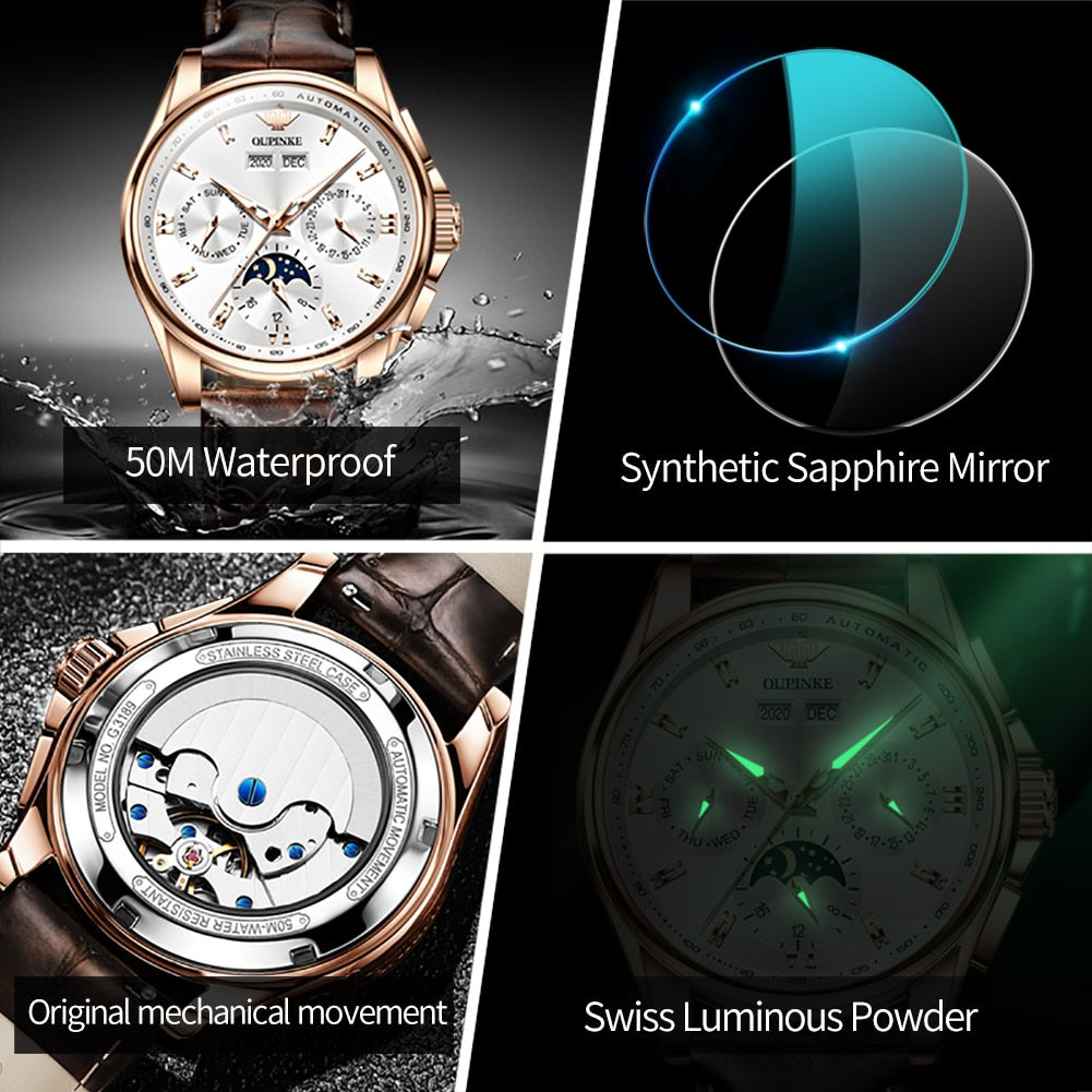 OUPINKE Mens Chronograph Automatic Leather Band Waterproof Moon Phase