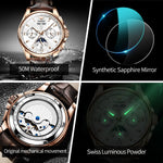 OUPINKE Mens Chronograph Automatic Leather Band Waterproof Moon Phase