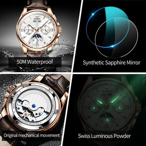 OUPINKE Mens Chronograph Automatic Leather Band Waterproof Moon Phase