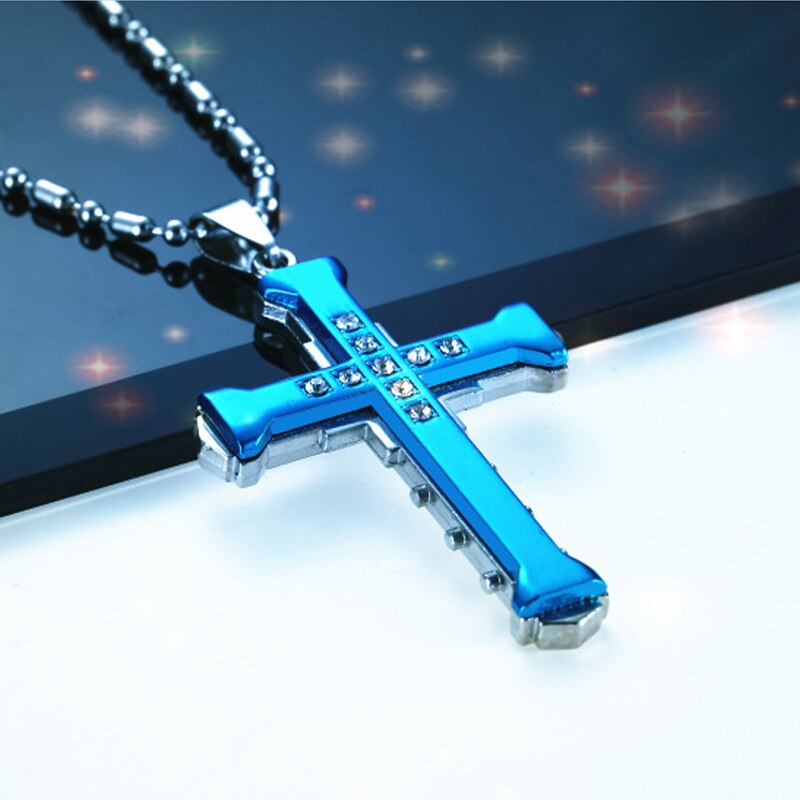 Beautiful Crystal Cross Pendant Gold/Black/Blue Necklace Stainless Steel Chain