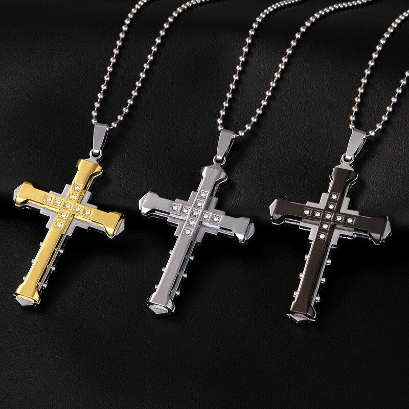 Beautiful Crystal Cross Pendant Gold/Black/Blue Necklace Stainless Steel Chain