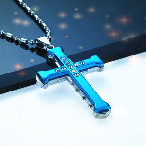 Beautiful Crystal Cross Pendant Gold/Black/Blue Necklace Stainless Steel Chain