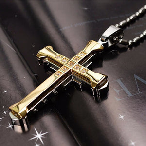 Beautiful Crystal Cross Pendant Gold/Black/Blue Necklace Stainless Steel Chain