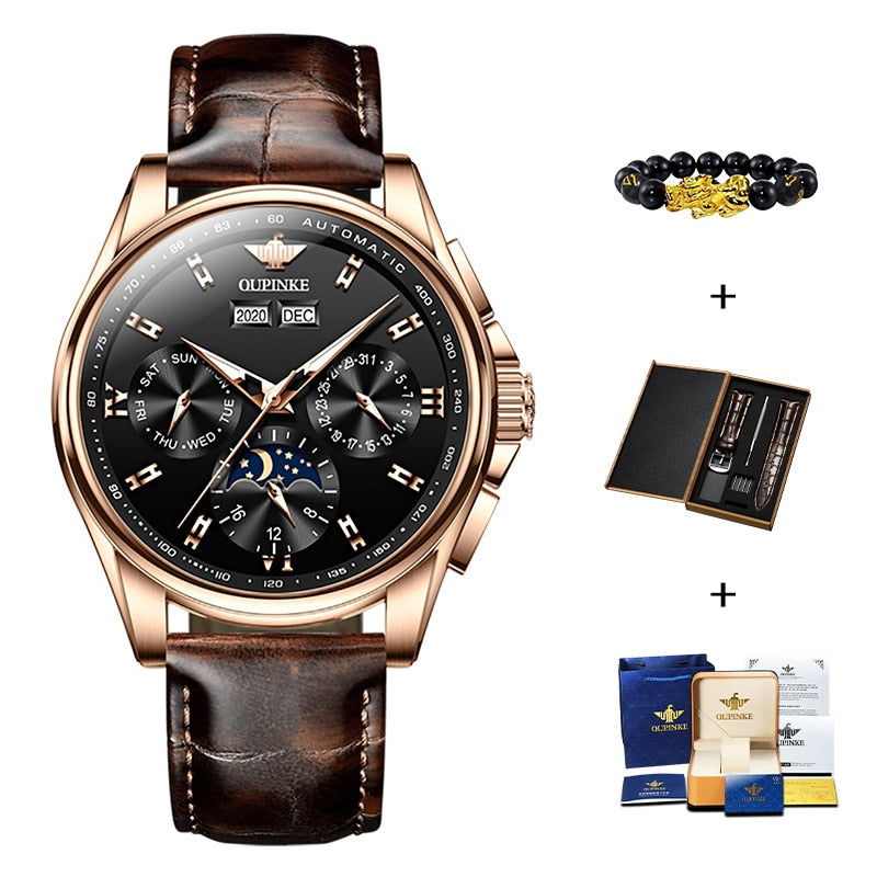 OUPINKE Mens Chronograph Automatic Leather Band Waterproof Moon Phase