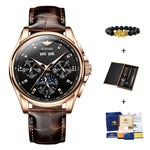 OUPINKE Mens Chronograph Automatic Leather Band Waterproof Moon Phase