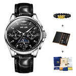 OUPINKE Mens Chronograph Automatic Leather Band Waterproof Moon Phase