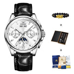 OUPINKE Mens Chronograph Automatic Leather Band Waterproof Moon Phase