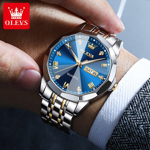 OLEVS Watch -  Rhombus Mirror Original Quart watch -  Waterproof Luminous Stainless Steel  Date Week