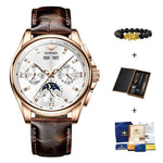 OUPINKE Mens Chronograph Automatic Leather Band Waterproof Moon Phase