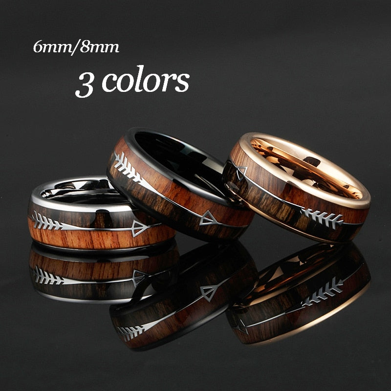 Classy 6/8mm Tungsten Carbide Ring Natural Koa Wood Arrow Inlay